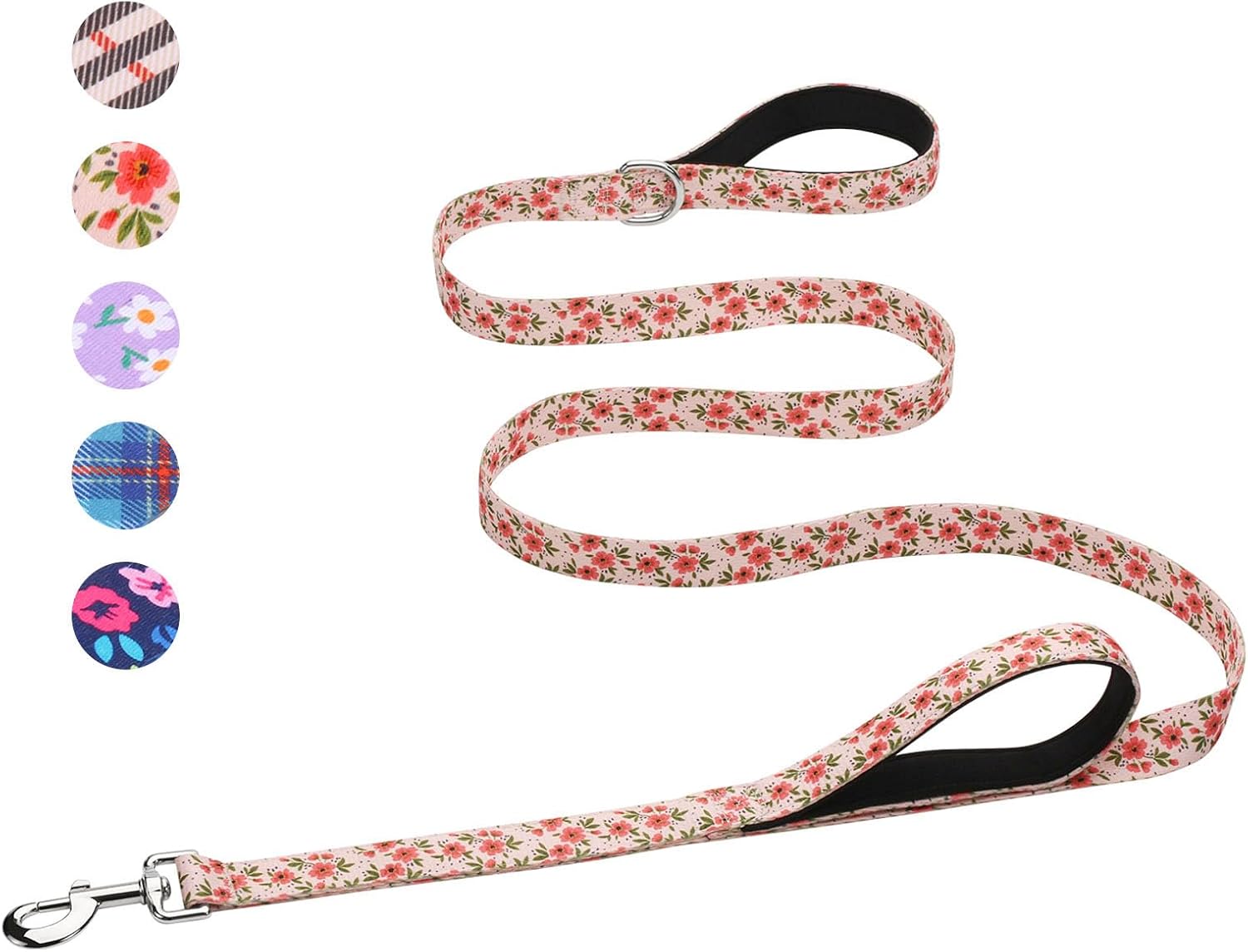 Double Handle Dog Leash 6 Foot Cute Girl Padded Traffic Handles for Walking Training (Cream Natural Floral, 6ft)