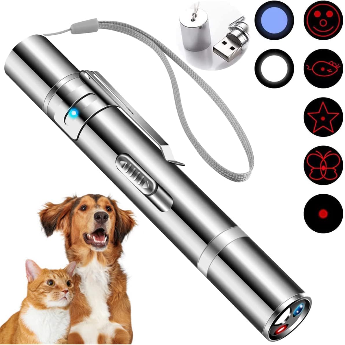 Cat Toys, Laser Pointer with 5 Adjustable Patterns,  Recharge Laser, Long Range and 3 Modes Training Chaser Interactive Toy, Dog Laser Toy