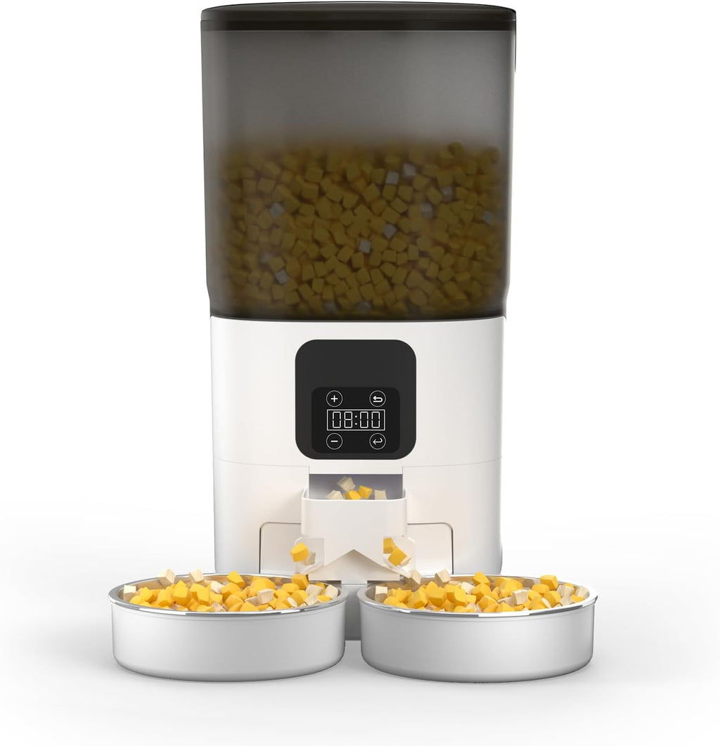7L Automatic Cat Feeder for 2 Cats, 2- Splitter Timed Cat Dry Food Dispenser with 2 Bowls, Programmable Control 1-12 Meals, Dual Power Supply, Auto Pet Feeder for Multi-Pet