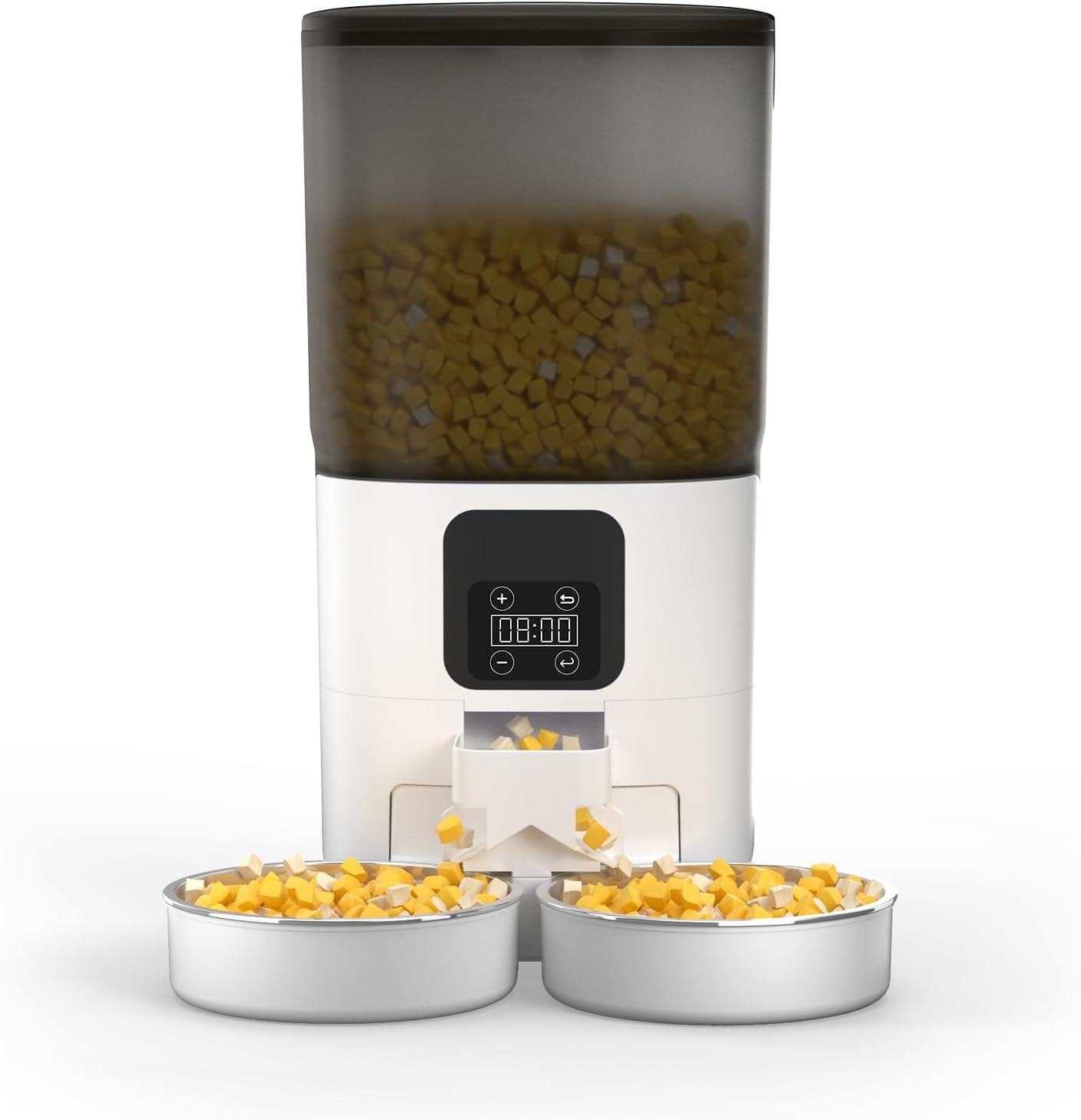 7L Automatic Cat Feeder for 2 Cats, 2- Splitter Timed Cat Dry Food Dispenser with 2 Bowls, Programmable Control 1-12 Meals, Dual Power Supply, Auto Pet Feeder for Multi-Pet