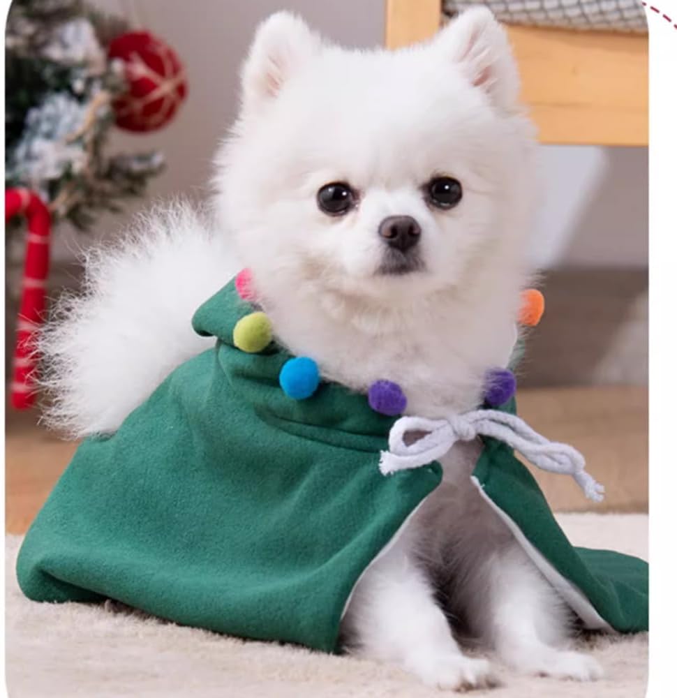Pet Dog Christmas Costume Puppy Cloak with Star and Pompoms Cat Santa Cape with Hat Winter Dog Outfit for Cats and Small Dog (Small, Green)