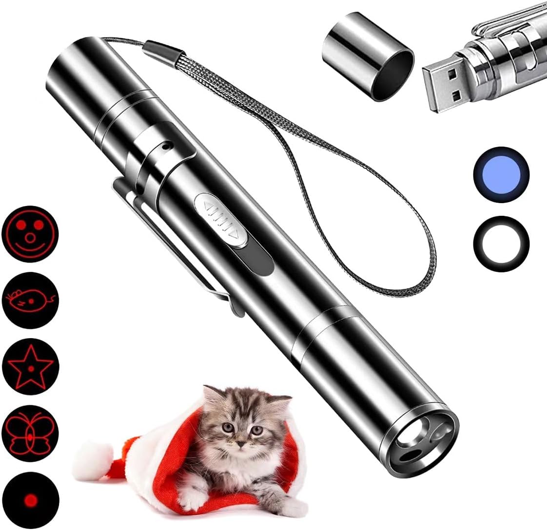 Pet Cat Laser Toy,  Rechargeable Handheld Pointer, 5 Red Laser Patterns, Suitable Indoor Interaction with Cats or Dogs