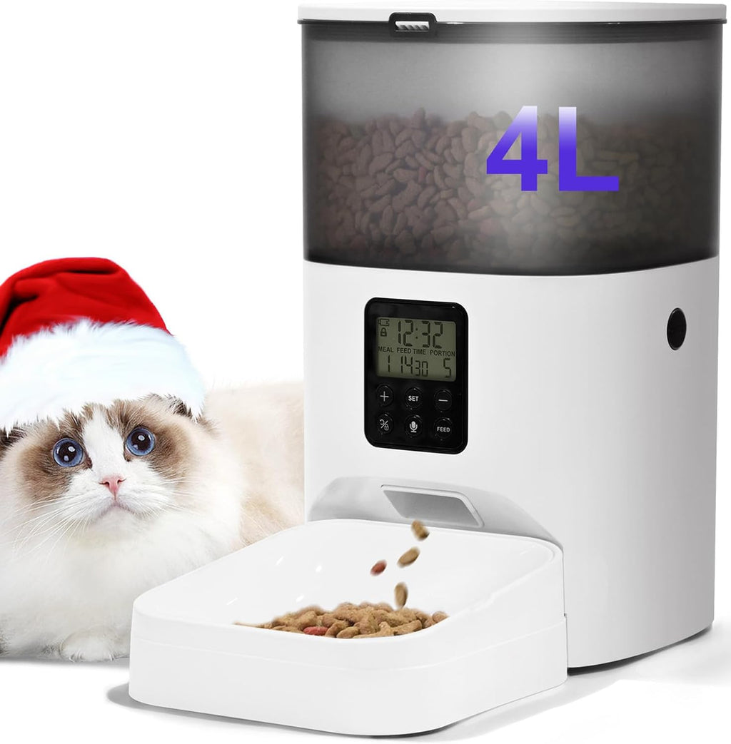 Automatic Cat Feeder, 4L Dry Food Dispenser with Voice Recorder, Up to 8 Meals per Day, Timed Feeder with Sea Ring (White)