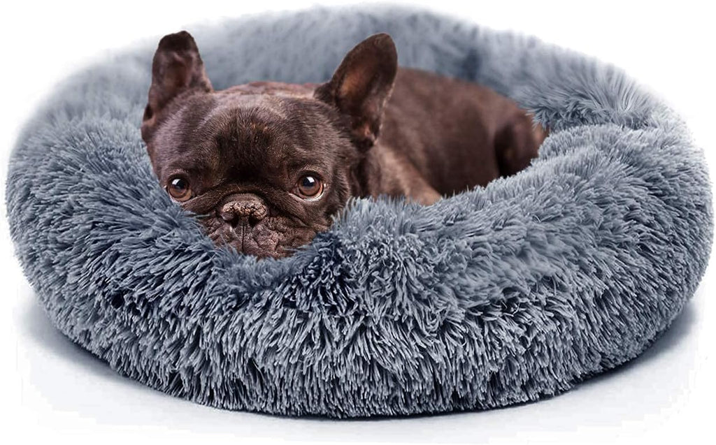 Calming Dog Beds for Small Dogs Clearance Washable Fluffy Luxury Anti-Slip, Waterproof Base Donut Pet Bed with Fur Blanket