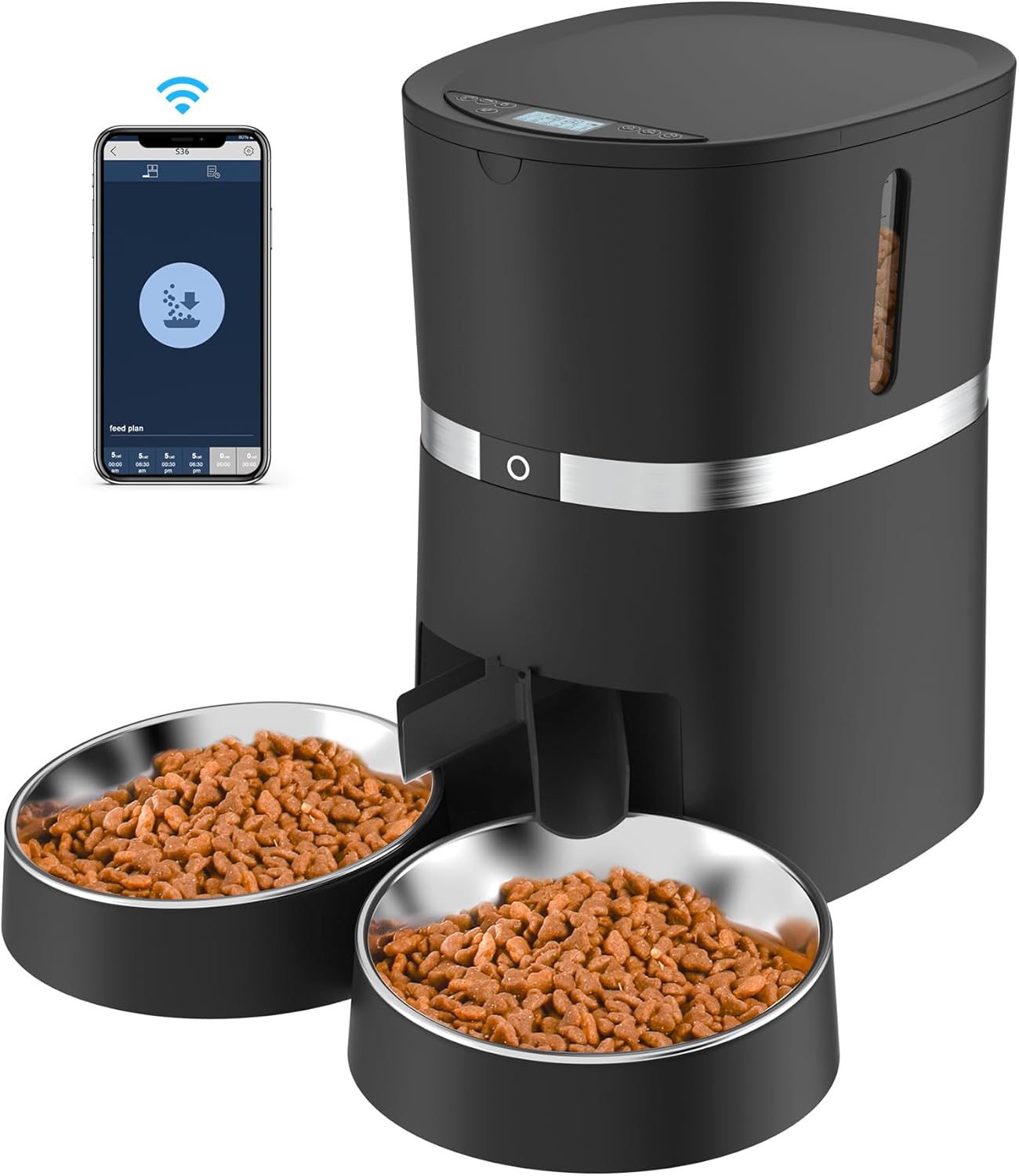 Smart Cat Feeder,  Automatic Cat Feeder  Enable Pet Dog Food Dispenser  Control for Cat&Dog with Two- Splitter and Two Bowls, Voice Recorder Distribution Alarms, Portion Control