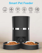 Smart Cat Feeder,  Automatic Cat Feeder  Enable Pet Dog Food Dispenser  Control for Cat&Dog with Two- Splitter and Two Bowls, Voice Recorder Distribution Alarms, Portion Control