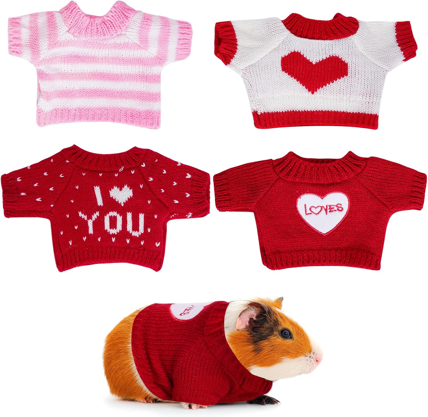 4 PCS Christmas Guinea Pig Clothes Hamster Sweater Ferret Knitted Clothes for Small Animal Outfit Winter Christmas Clothing (Valentine's Day)