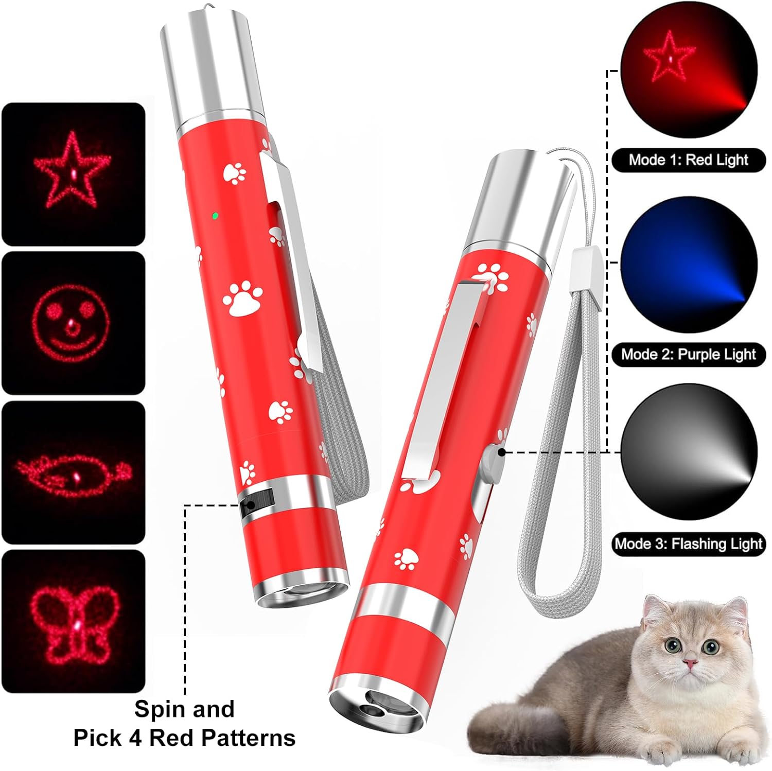 Cat Toys Rechargeable, Indoor Cats Chase Light, Interactive for Kitty Pet Dog with 3 Light Modes 5 Patterns, Red