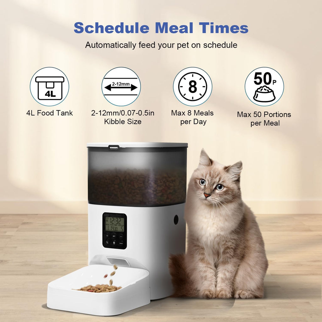Automatic Cat Feeder, 4L Dry Food Dispenser with Voice Recorder, Up to 8 Meals per Day, Timed Feeder with Sea Ring (White)