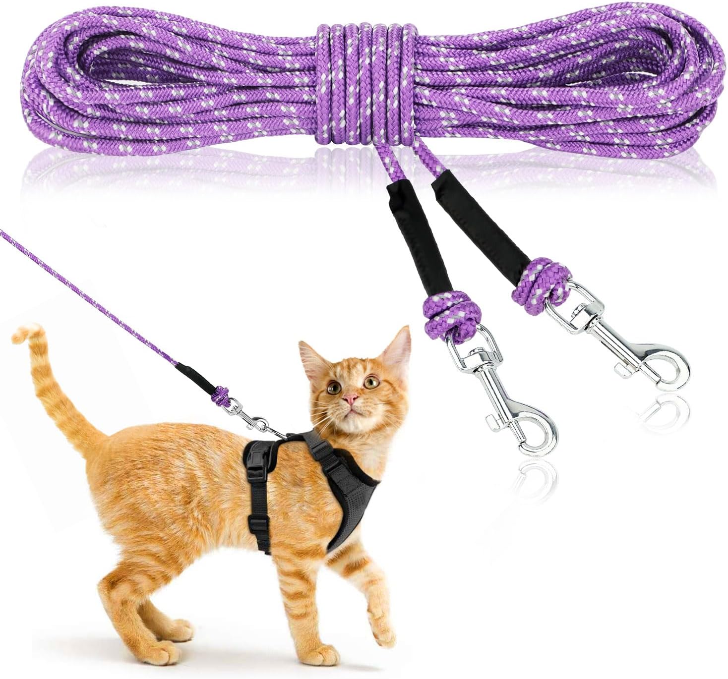 Reflective Cat Long Leash - 15 FT Escape Proof Walking Leads Yard Long Leash Durable Safe Personalized Extender Leash Traning Play Outdoor for Kitten, Puppy, Rabbit and Small Animals(Purple-S)