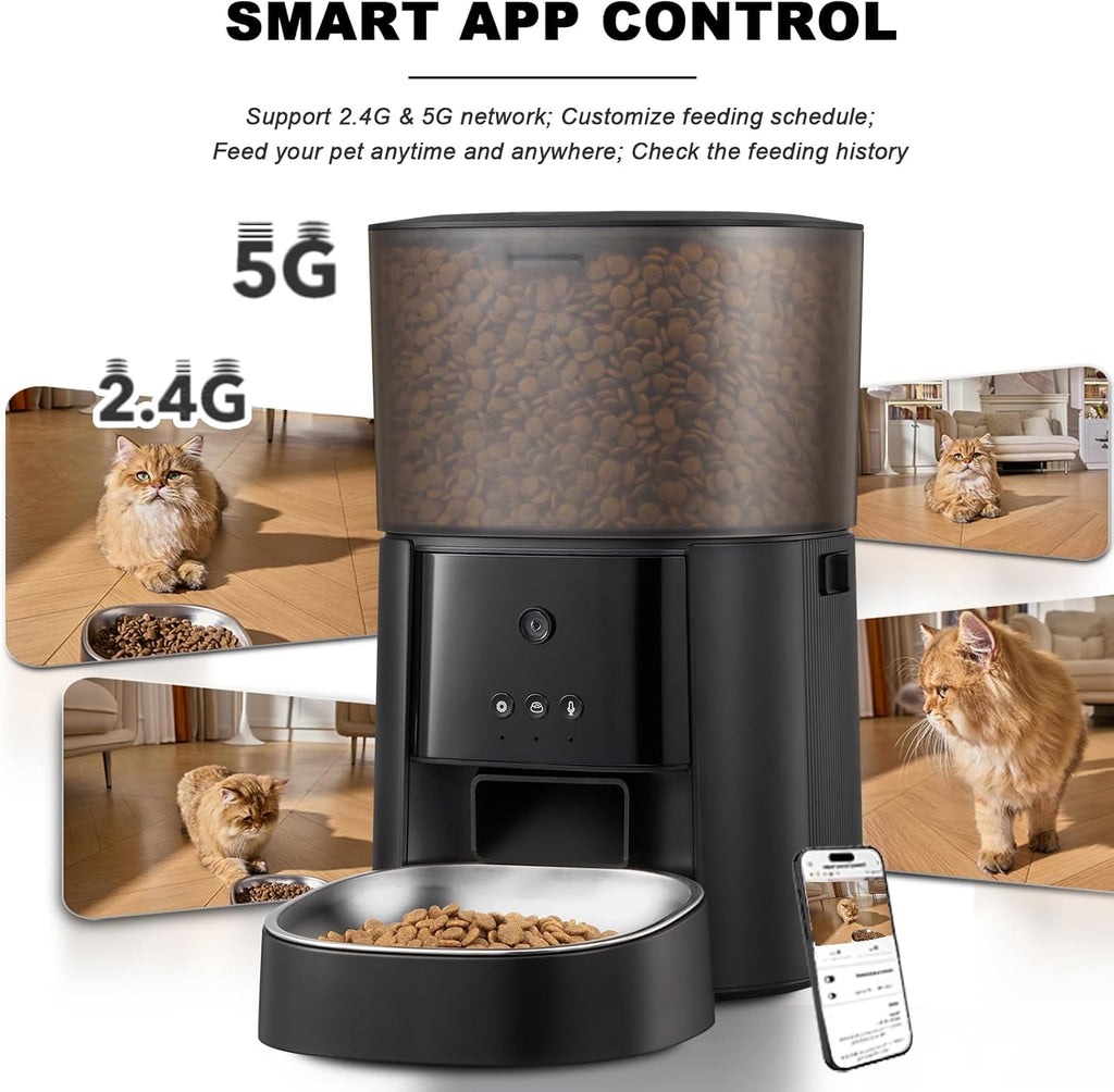 Automatic Cat Feeder with Camera & Voice Interaction, / Control, 4L Dry Food Dispenser for Cats & Dogs with Freshness Preservation, Custom Feeding Times & Portions, Dual Power