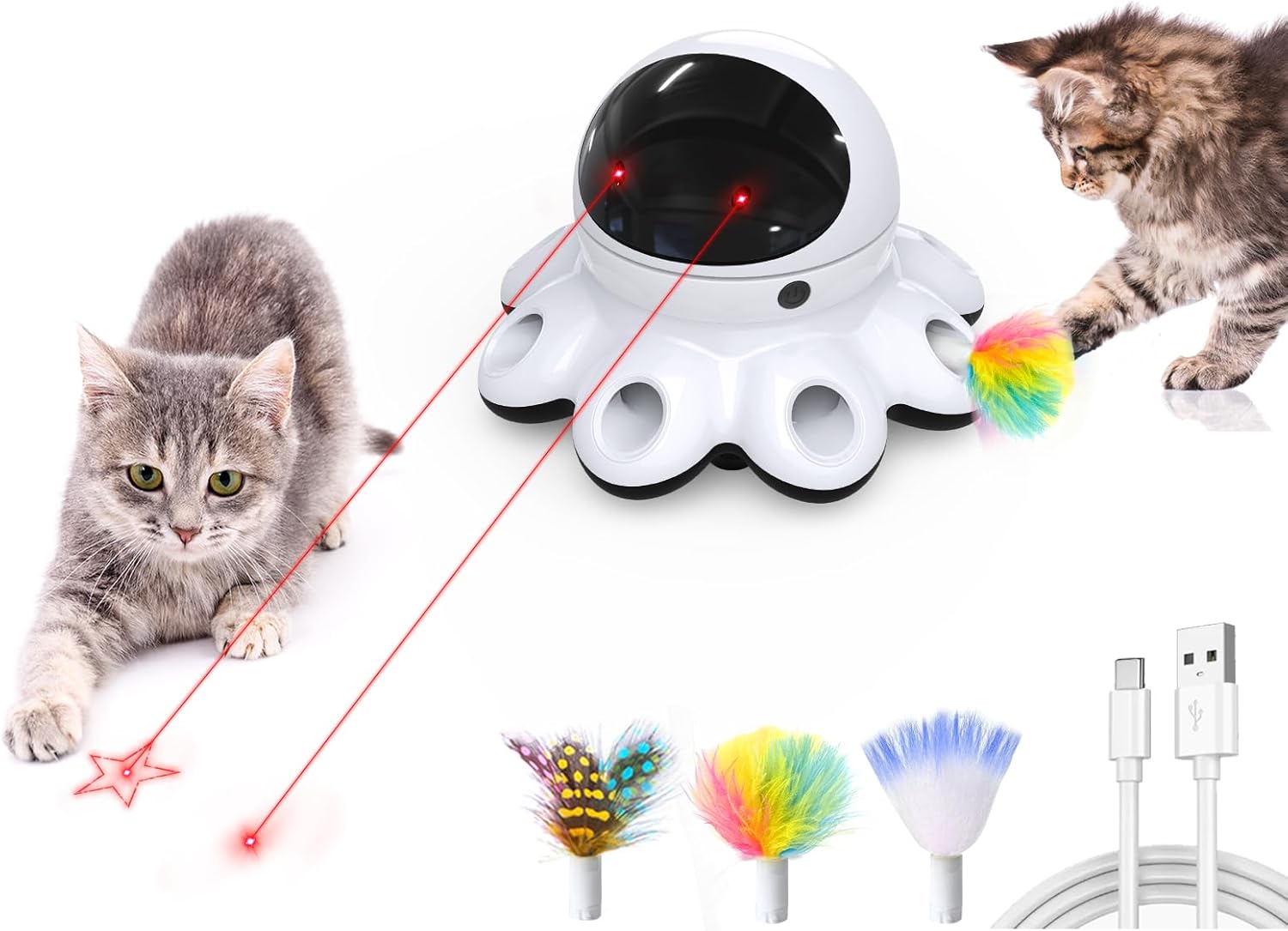 Cat Laser Toy, 2-in-1 Interactive Automatic Motion Activated Moving 8 Holes Whack A Mole Feather,  Rechargeable Electronic Smart Sensor Kitten Toys for Indoor Exercise