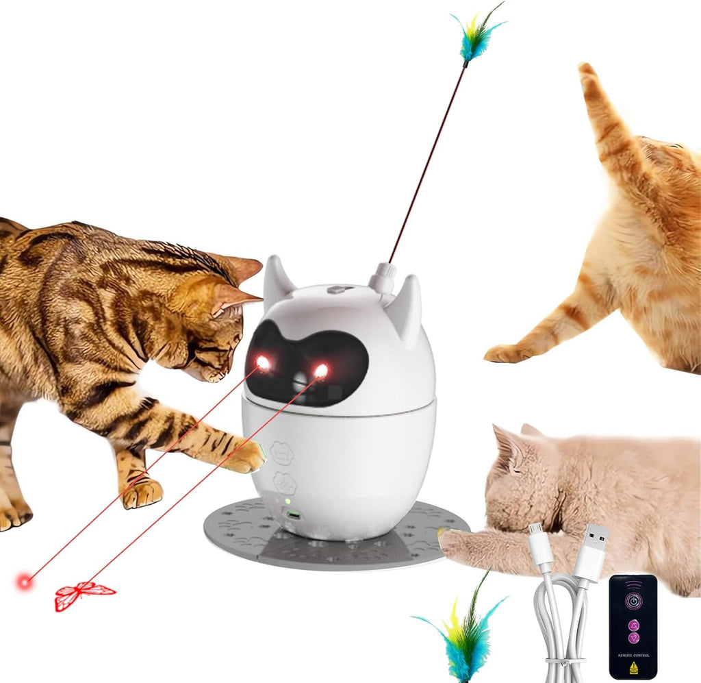 Dual-Mode Cat Laser Toy Automatic with Feather Teaser – Interactive, Rechargeable Laser Cat Toy for Indoor Cats, Kittens & Dogs, 360° Rotation, Adjustable Laser & Smart Power Saving