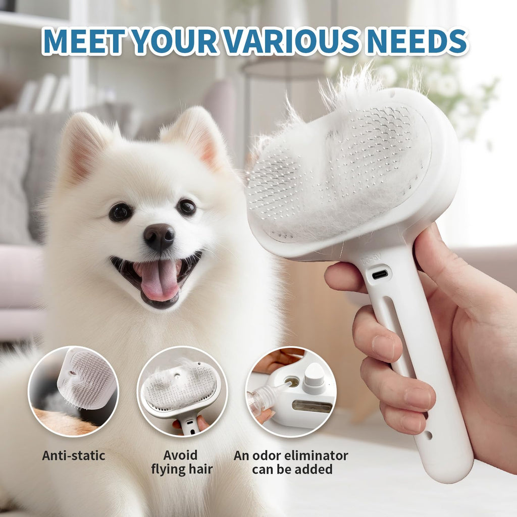 Pet Steam Brush for Dogs & Cats, 3 in 1 Self Cleaning Steam Pet Brush - Anti-Static, Grooming Tool for Long and Short Hair Pets, Removes Loose Hair and Reduces Shedding, White