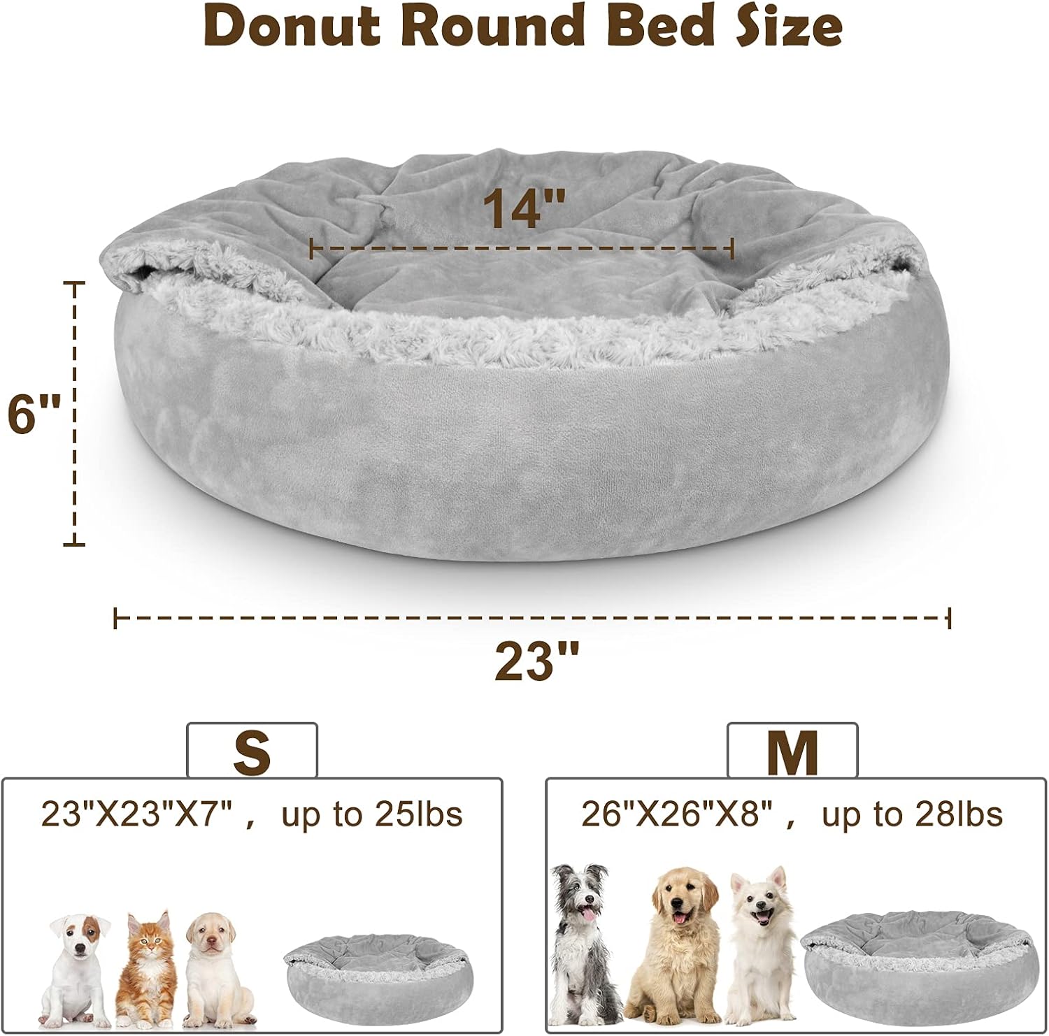 Small Dog Bed Cat Bed with Hooded Blanket, Cozy  Luxury Puppy Pet Bed, Donut Round Calming Anti-Anxiety Dog Burrow Cave Bed - Anti-Slip Bottom and Machine Washable 23 inch