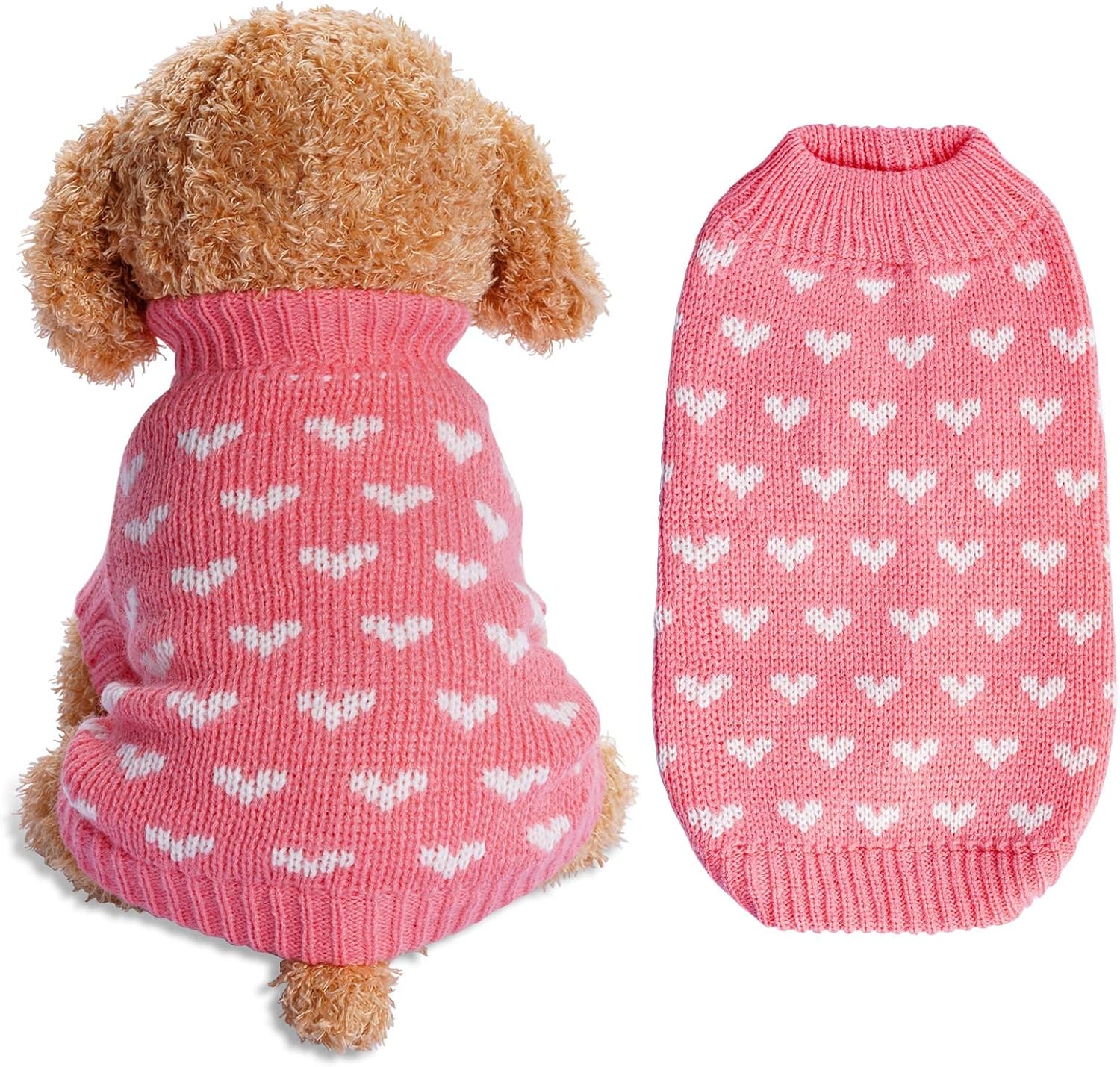 Dog Knitted Sweater Heart Puppy Sweater Warm Soft Pet Holiday Clothes for Small Cats and Dogs (Pink, S)