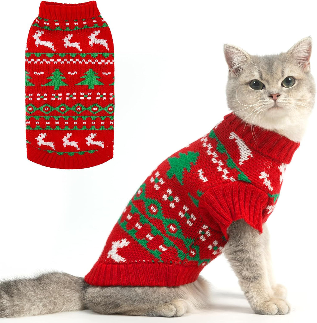 Cat Sweater Turtleneck- Soft Knit Cat Christmas Sweaters for Cats Only, Elk Christmas Tree Pattern Thick Warm Cold Weather Pet Clothes Outfit for Small Medium Large Size Kitten Puppy Red S