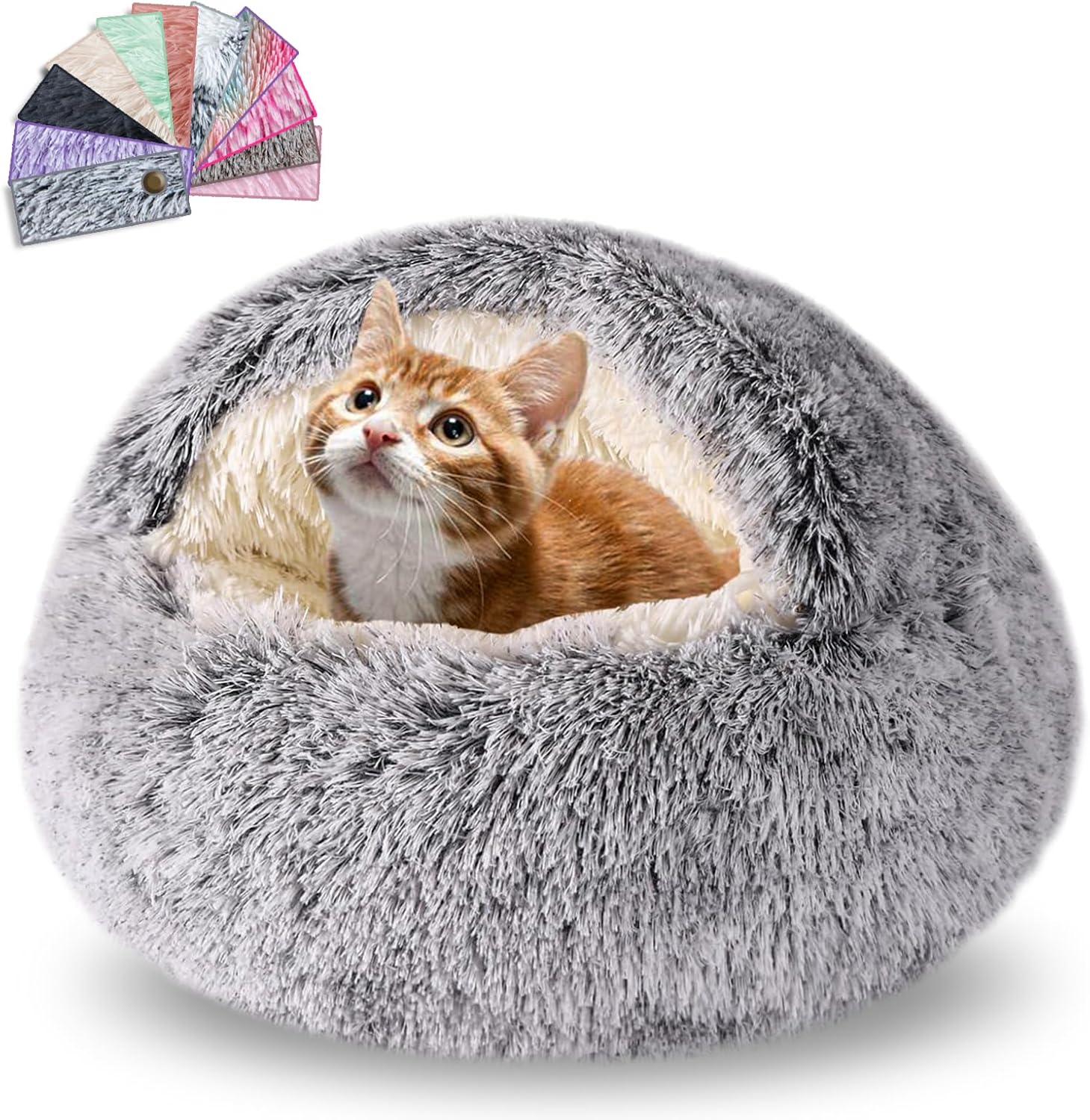 Calming Dog Beds & Cat Cave Bed with Hooded Cover,Removable Washable Round Beds for Small Medium Pets,Anti-Slip Faux Fur Fluffy Coved Bed,Comfortable Warming Pet Bed (20 * 20inch, Grey)